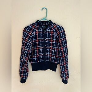 Mother The Mockneck Ribbed Navy Plaid Boucle Zip Up Jacket Size Small